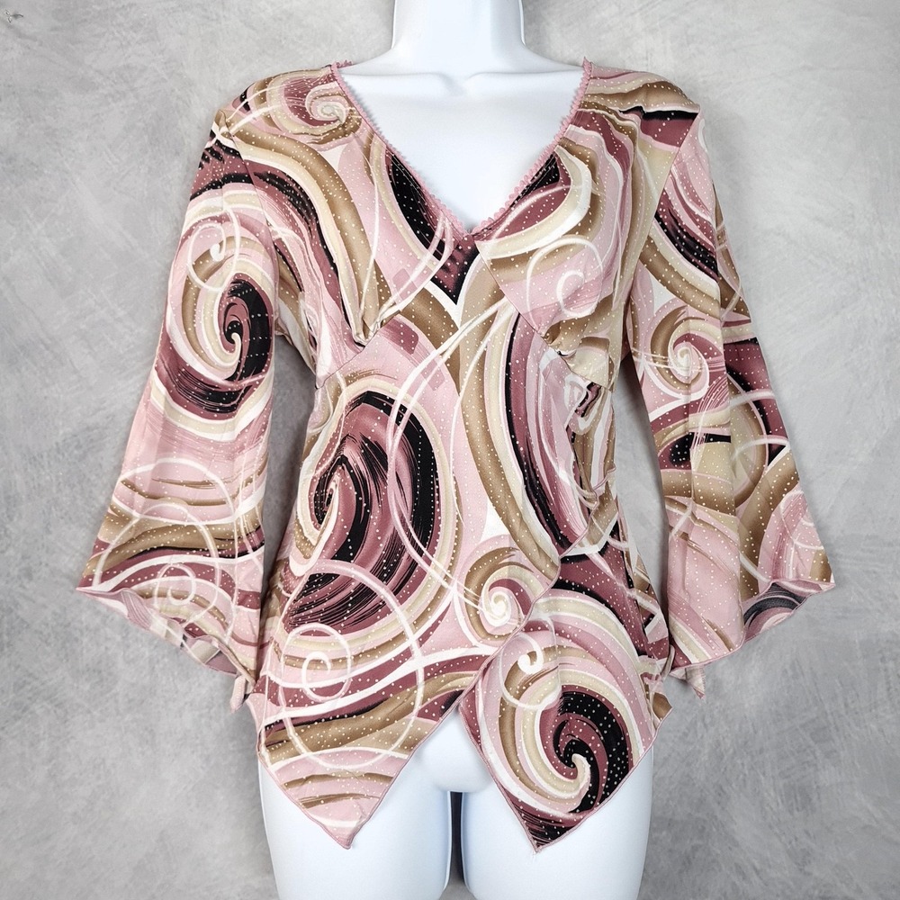 Vintage Y2K Top Womens Large Pink Geometric Glitter Bell Sleeve Tie Back Fairy